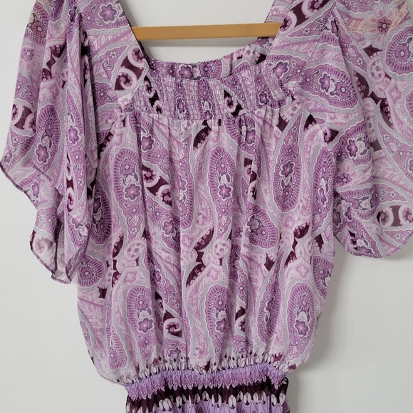 Mudd Sheer Purple Paisley Short Sleeve Peplum Blouse Size Medium - Picture 2 of 7